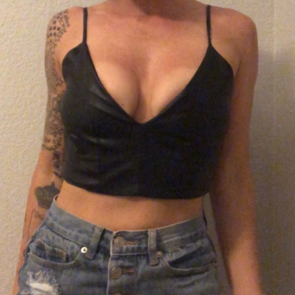 Black Leather Open Back Crop Top